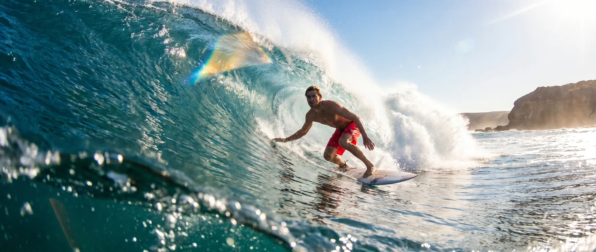A surfer inside the curl of a wave.