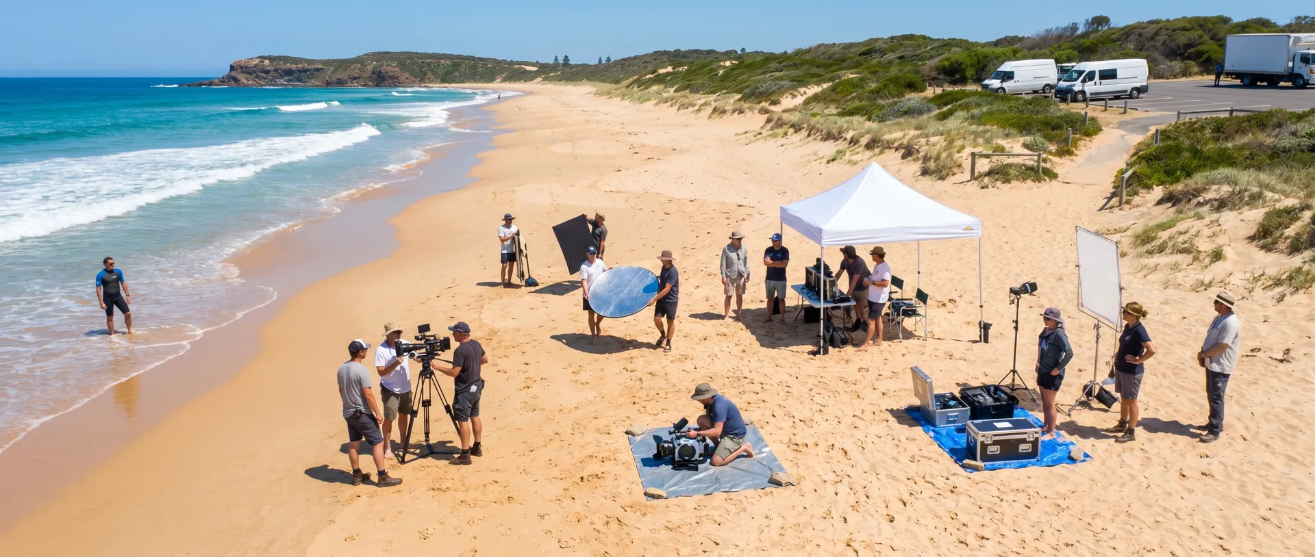A film crew set up on a beach at golden hour.